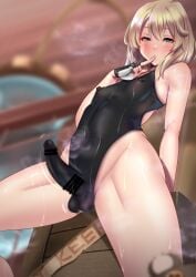 1boy andouyu balls big_penis blonde_hair blue_eyes blush bridget censor_bar censored erection erection_under_clothes eye_contact guilty_gear guilty_gear_strive light-skinned_male light_skin looking_at_viewer male male_only penis solo solo_male standing sweat swimsuit testicles thick_thighs thighs