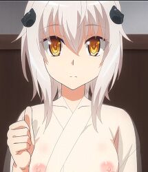 1girls demon_girl female_only high_school_dxd high_school_dxd_hero koneko_toujou looking_at_viewer nipples passione_(company) screencap screenshot see-through see-through_clothing white_hair