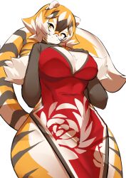 1girls amber_eyes anthro arknights aspirindabaitu big_breasts breasts chinese_clothes female glasses looking_at_viewer mx99926 smile solo solo_female tagme tiger tiger_girl waai_fu_(arknights)