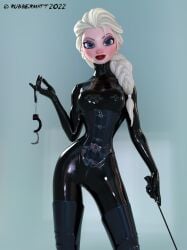 2020s 2022 black_boots blonde_hair blue_eyes boots disney dominant_female dominatrix elsa_(frozen) femdom frozen_(film) handcuffs latex latex_catsuit latex_clothing latex_corset latex_suit medium_breasts rubbermatt source_request thigh_boots whip