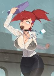 1girls armpits barleyshake big_breasts bra breasts cartoon_network choker cleavage clothing cookie eating food foster's_home_for_imaginary_friends frankie_foster huge_breasts one_eye_closed ponytail rain red_hair see-through see-through_clothing skirt solo solo_female tagme wet wet_clothes