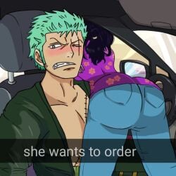 1boy 1girls 2022 animesgirill ass ass_focus big_ass black_hair blushing bubble_ass bubble_butt butt_focus embarrassed female green_hair he_wants_to_order huge_ass large_ass lost male meme one_piece post-timeskip post_timeskip roronoa_zoro scar scars selfie shounen_jump snapchat tashigi