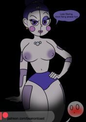 1girls animatronic ballora ballora_(fnafsl) beanontoast big_breasts blue_hair blush breasts darkness earrings female five_nights_at_freddy's five_nights_at_freddy's:_sister_location flashlight hand_on_hip looking_annoyed looking_at_viewer panties purple_eyes robot sister_location solo speech speech_bubble thick_thighs