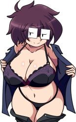 1girls big_breasts black_bra black_panties bra breasts chubby chubby_female cowboy_shot davidsillo123 eyes_visible_through_hair female female_only large_breasts lingerie lulú_(lueduar) navel open_clothes open_jacket panties pants_down purple_hair smile solo solo_female square_glasses tagme thick_thighs white_background