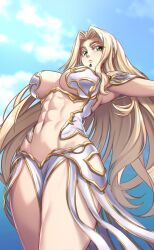 athletic athletic_female big_breasts blonde_female blonde_hair blonde_hair blonde_hair_female breasts breasts fate/grand_order fate_(series) green_eyes huge_breasts long_hair looking_at_viewer muscular muscular_female quetzalcoatl_(fate) toned toned_body toned_female toned_stomach zantyarz