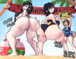 3girls ass ass_clapping beach big_ass big_breasts bikini blue_eyes breasts brown_hair butt clapping clapping_cheeks el_rincon_de_amber female female_only gold_boombox_(prevence) huge_ass huge_breasts huge_butt involuntary_twerking kill_la_kill kiryuuin_satsuki large_ass large_breasts large_butt long_hair mankanshoku_mako matoi_ryuuko short_hair swimsuit thick_thighs twerking twerkoff two_tone_hair