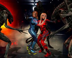 3d agent_26 blonde_hair blue_eyes fight fighting fully_clothed gun metroid samus_aran that3dartist xenomorph