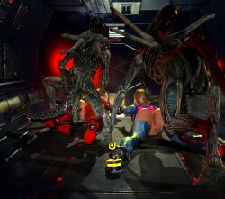 3d agent_26 blonde_hair blue_eyes crawling fight fighting gun head_grab metroid pussy samus_aran scared that3dartist torn_clothes torn_clothing xenomorph