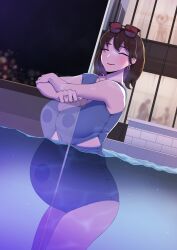 abbb against_glass against_wall big_breasts brown_hair cleavage closed_eyes detailed_background earring female female_only medium_hair milf one-piece_swimsuit original partially_submerged pool pregnant smile solo sunglasses sunglasses_on_head swimsuit water wedding_ring