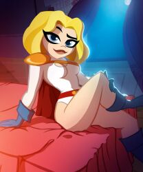 1girls alien alien_girl alien_humanoid ass big_ass big_breasts blonde_hair blush breasts crossed_legs dc dc_comics dc_super_hero_girls detailed_background female female_only gohet kara_danvers kara_zor-el kryptonian light-skinned_female looking_at_viewer on_bed power_girl short_hair solo solo_female solo_focus thick_thighs wide_hips