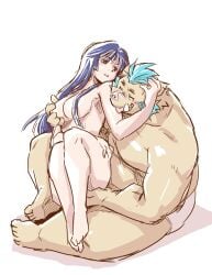 anthro barefoot black_hair blue_hair blush breasts briefs briefs_only brown_eyes clothed clothing feet female hair human licking long_hair male male/female mammal musclegut nude shadow simple_background suid suina sus_(pig) takagi_kyou tighty_whities tongue tongue_out topless touching_head tusks underwear underwear_only white_background white_briefs white_clothing white_underwear wild_boar