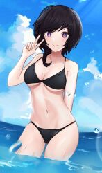 1girls belly_button big_breasts bikini black_bikini black_hair breasts cleavage cloud_etoile kometa_virtual_live looking_at_viewer medium_breasts midriff miria_(vtuber) mole mole_on_breast navel ocean purple_eyes sea solo solo_female solo_focus splash v_sign virtual_youtuber water