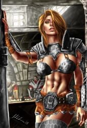 1girls abs armor barely_any_armor bethesda_softworks blonde_hair evandion female_focus green_eyes legate_rikke looking_at_viewer mostly_nude muscular muscular_female skyrim the_elder_scrolls