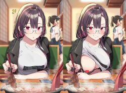 2girls apron black-haired_girl_(motto_notto) black_bra bra bra_pull busty censored chopsticks female flashing flashing_breasts food glasses heart heart_censor hi_res hot_pot instant_loss_2koma long-haired_girl_(motto_notto) looking_at_viewer motto_notto naughty_face nerd nerdy_female one_breast_out original pink_eyes pink_hair pov public public_exposure public_indecency restaurant shirt_lift sitting smile smug table teasing teasing_viewer white_shirt