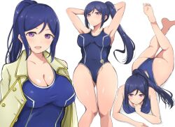 ass_focus blue_hair blue_swimsuit blush competition_swimsuit love_live! love_live!_sunshine!! matsuura_kanan one-piece_swimsuit open_mouth ponytail purple_eyes swimsuit wewe