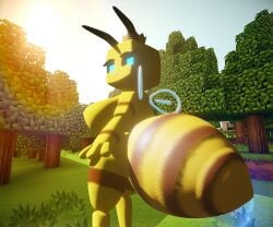 2022 3d 3d_(artwork) 8k _tankman_ bee bee_(minecraft) blue_eyes crown female female_only flying hi_res looking_at_viewer minecraft minecraft_background nipples shading smile solo tagme yellow_body yellow_fur