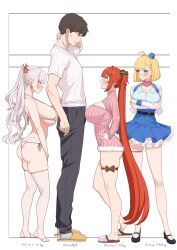 1boy 3girls ahoge alternate_costume arms_under_breasts bangs belt bikini black_footwear black_pants blonde_hair blue_eyes blue_shirt blue_skirt blush bow breasts brown_hair closed_mouth cropped_jacket crossed_arms curvy draculina_(last_origin) draculina_(micro_bikini)_(last_origin) earrings female fully_clothed garrison_cap grey_hair hair_ornament hairbow hairclip hand_on_own_neck hand_up hands_on_hips hands_up hat height_chart height_difference highres holding_another's_arm jacket jewelry large_breasts last_origin leg_ribbon light-skinned_female light_skin long_hair looking_at_another looking_down looking_to_the_side looking_up male may_of_doom may_of_doom_(may's_sweater)_(last_origin) meme_attire miman_(hasutaro_stream) multiple_girls official_alternate_costume open-chest_sweater open_mouth p/a-00_griffon_(idol_costume)_(last_origin) p/a-00_griffon_(last_origin) pants pink_sweater red_hair ribbed_sweater ribbon ring shirt shoes short_hair short_sleeves shortstack side-tie_bikini_bottom sidelocks simple_background skirt slippers socks standing star_(symbol) star_earrings stirrup_legwear sweater swimsuit thighhighs toeless_legwear twintails very_long_hair white_background white_bikini white_jacket white_shirt white_thighhighs yellow_footwear