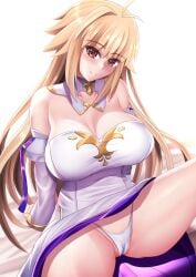 archetype_earth arcueid_brunestud bare_shoulders big_breasts blonde_hair blush cameltoe detached_collar detached_sleeves fate/grand_order fate_(series) female female_only huge_breasts long_hair looking_at_viewer panties red_eyes sitting smile solo spread_legs tsukihime type-moon very_long_hair white_panties