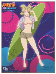 1girls alternate_costume bare_breasts bare_legs bare_midriff barefoot blonde_hair breasts_out byclassicdg character_name copyright_name exposed_breasts female female_only full_body holding_object looking_at_viewer naruto naruto_(series) naruto_shippuden nekomate14_edited no_bra open_shirt quad_tails shirt shorts smile solo solo_focus sunagakure_symbol surfboard teal_eyes temari third-party_edit tied_hair