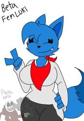 1girls anthro black_pants blue_fur blue_hair breasts bushy_tail canine dog_ears dog_tail eyelashes female female_only friday_night_funkin friday_night_funkin_mod fully_clothed hand_on_hip loki_(moloki52) milf peace_sign proto_ness_(artist) red_apron rule_63 smile smiling smiling_at_viewer solo watermark white_shirt wide_hips wip