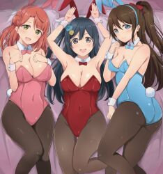 3girls black_hair blue_hair blush brown_hair bunny_ears bunny_tail bunnysuit female female_only grey_eyes love_live! love_live!_nijigasaki_high_school_idol_club multiple_girls ousaka_shizuku red_hair uehara_ayumu wewe wholesome yellow_eyes yuuki_setsuna_(love_live!)