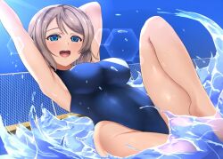 blue_eyes blush butter_curry grey_hair love_live! love_live!_sunshine!! one-piece_swimsuit swimsuit watanabe_you