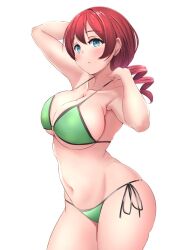 1girls bikini blue_eyes blush breasts butter_curry emma_verde green_bikini large_breasts love_live! love_live!_nijigasaki_high_school_idol_club red_hair side-tie_bikini simple_background skindentation solo solo_female underboob white_background