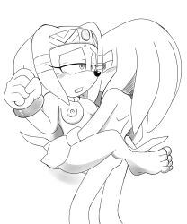 blush carrying_partner carrying_position clenched_teeth half-closed_eyes knuckles_the_echidna monochrome neo_x6 sonic_(series) sonic_the_hedgehog_(series) straight tears tikal_the_echidna vaginal_penetration