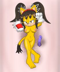 1girls 4_toes 5_fingers amber_eyes anthro areolae bangs bed bedroom_eyes big_breasts black_hair body_pillow body_pillow_design breasts cat_ears cat_pose cat_tail catgirl dakimakura dildo domestic_cat feet felid feline gloves hairband half-closed_eyes headband honey_the_cat laying_down laying_on_bed legs_crossed long_hair looking_at_viewer neo_x6 nipples nude nude_female pose pussy seductive seductive_smile sega sex_toy skinny smile solo sonic_(series) sonic_the_fighters sonic_the_hedgehog_(archie) sonic_the_hedgehog_(comics) sonic_the_hedgehog_(series) tail twintails wet wet_dildo wet_pussy yellow_body yellow_fur