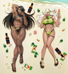 2girls abs alcohol arm_up armpits artist_request bare_arms bare_midriff beach belly_button belly_piercing black_hair blue_eyes bracelet bracelets breasts buff camo_print cleavage cleavage_cutout dark-skinned_female dark_skin ear_piercing earrings eyelashes eyeshadow fangs gold_(metal) gold_jewelry green_eyes gyaru hair_over_one_eye halter_top halterneck hand_behind_head hand_on_head holding_object holding_popsicle lanyard large_breasts long_fingernails long_hair looking_at_viewer multiple_girls muscles muscular muscular_female nail_polish navel on_back one_eye_obstructed original popsicle ring rings sand sandals smile swimsuit tagme thick_thighs thigh_strap thighs toned toned_female twintails underboob water water_drop watermelon wave wavy_hair wet_skin white_hair wrapper