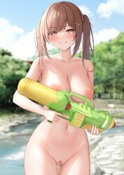 1girls amber_eyes areolae bangs blurry_background blush breasts brown_eyes brown_hair censored cleavage collarbone cowboy_shot day female hair_ornament heart_censor highres holding holding_water_gun large_areolae large_breasts long_hair looking_at_viewer monaka_curl navel nipples nude nude_female original outdoors parted_lips pubic_hair smile solo twintails water_gun