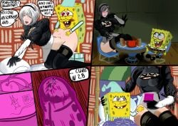 1girls 2boys bed bedroom_eyes bedroom_sex blush cartoony color colored coloured comic condom condom_on_penis consensual crossover dated doggy_style doggy_style_position doggystyle eastern_and_western_character english english_text female funny kaylefanboy male meme nier nier:_automata nier_(series) on_bed parody parody_porn penetration safe_sex sheldon_j._plankton smooth_skin sperm sperm_cell spongebob_squarepants spongebob_squarepants_(character) spunch_bob spunch_bop text vaginal_penetration watched weird_crossover what white_hair yorha_2b