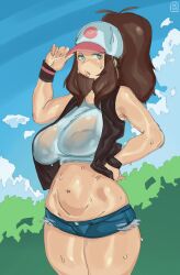 1girls bare_thighs breasts brown_hair female female_only hilda_(pokemon) khentaiu khentart large_breasts long_hair pokemon ponytail shorts solo sweat sweaty tank_top thighs