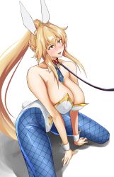 1girls areolae armor armored_boots artoria_pendragon artoria_pendragon_(lancer) blonde_hair breasts breasts_out bunny_ears bunnysuit collar daikokuten fate/grand_order fate_(series) female green_eyes jewelry large_breasts leash leotard leotard_aside nipples playboy_bunny pussy seductive