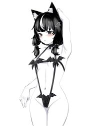 1girls ameiarts animal_ears animal_humanoid armpits bat_bikini belly_button bikini black_and_white blush bowtie diana_yeou female female_only hairclip midriff navel one_arm_behind_head one_arm_up sling_bikini small_breasts solo solo_focus spot_color thigh_gap thighs twintails virtual_youtuber