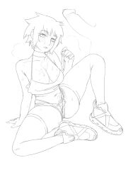 cleavage disembodied_penis medium_breasts open_shorts penis short_hair shorts sitting sketch sneakers sweat tyoinked wet