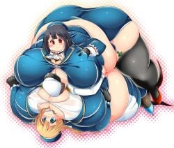 1boy 2girls admiral_(kantai_collection) ass atago_(kantai_collection) bbw between_breasts black_hair blonde_hair blue_eyes breasts female femdom huge_ass huge_breasts huge_thighs kantai_collection kurocaze long_hair male malesub obese overweight overweight_female plump red_eyes short_hair smothering takao_(kantai_collection) thick_thighs thighs tight_clothing