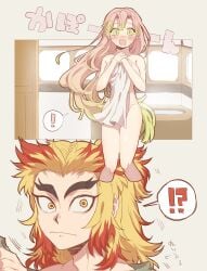 1boy 1girls accidental_circumstance accidental_exposure after_bath covering_breasts covering_self demon_slayer female female_focus kanroji_mitsuri kimetsu_no_yaiba long_hair nude nude_female pink_hair rengoku_kyoujurou surprised thick_eyebrows towel yellow_eyes yellow_hair