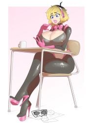 1boy abstract_background aegis_(persona) aigis_(persona) akira_kurusu big_breasts big_lips bimbo bimbo_lips bimbofication bleached_blonde_hair blonde_hair blue_eyes brain_drain brainwashing cosplay dick_sucking_lips fake_breasts femboy feminization fully_clothed girly heels high_heels hypnosis intelligence_loss joker_(persona) latex persona persona_3 persona_5 personality_switch pink_clothing platform_heels ren_amamiya revealing_clothes sealguy stiletto_heels thick_lips tight_clothing trap very_high_heels