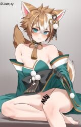 1boy animal_ears blue_eyes blush brown_hair censored censored_penis eye_contact femboy g1_(artist) genshin_impact gorou_(genshin_impact) humanoid long_ears looking_at_viewer male male_only penis short_hair solo solo_feral tail thick_thighs thighs two_tone_hair