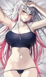 1girls armpits ass_visible_through_thighs belly big_breasts blush breasts cameltoe dyed_hair earrings female heterochromia hi_res large_breasts licking_lips looking_at_viewer lying navel on_back original original_character panties pink_hair selfie smile tank_top teasing teasing_viewer vitaminechan white_hair