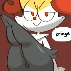 1girls black_legs black_pussy braixen cringe_dialogue no_humans pokémon_(species) pokemon pokemon_(species) red_fur shortstack simple_background speech_bubble text vilepluff white_fur yellow_fur