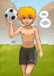 1girls 4chan androgynous anonymous_artist bandaid bandaid_on_nose blush blushing breasts breasts_out drawfag exposed_breasts flat_chest flat_chested football grass male_swimwear_challenge orange_hair portuguese_text reverse_trap short_shorts shorts shorts_only small_breasts soccer_ball speech_bubble text tomboy topless topless_female translated translation_check