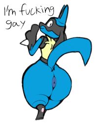 anthro anus ass big_butt generation_4_pokemon gesture hi_res looking_at_viewer lucario male nintendo pokemon pokemon_(species) puffy_anus simple_background snowcario_(artist) solo spikes spikes_(anatomy) text thumbs_up video_games