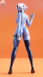 1girls 3d ass big_ass big_breasts big_butt blue-skinned_female blue_skin breasts breasts_out casual elf elf_ears elf_female elf_girl fat_ass female firearm footwear gun handgun heels humanoid legwear looking_at_viewer looking_back nude nude_female paladins pale_skin pointy_ears saati_(paladins) solo solo_female stockings tagme weapon white_hair yazanios