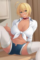 1girls aslindsamure big_breasts blonde_hair breasts mito_ikumi shokugeki_no_souma solo tan_skin