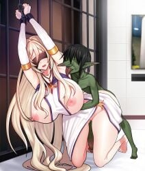 1boy 1girls absurdres blindfold breasts goblin goblin_male goblin_slayer green-skinned_male green_skin highres huge_breasts large_breasts light-skinned_female light_skin rur4885 sex sword_maiden_(goblin_slayer)