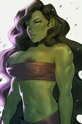 1girls areolae areolae_slip bandeau big_breasts cinnabarbie green-skinned_female green_body green_eyes green_hair green_skin marvel marvel_comics muscular muscular_female she-hulk swimsuit toned toned_female