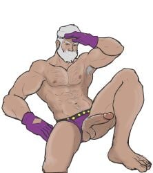 balls bara beard boner dojaik drayden erection facial_hair game_freak gay hairy male male_only muscles muscular nintendo npc_trainer penis penis_out pokemon solo solo_male spread_legs white_hair