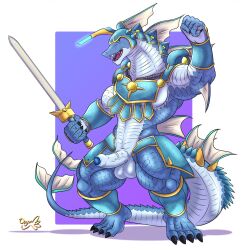 aquatic_dragon armor balls biceps blue_body blue_scales dragon duel_monster fin genitals gladiator_beast gladiator_beast_vespasius green_eyes headgear helmet hi_res holding_object holding_sword holding_weapon konami male male_only marine melee_weapon mostly_nude muscular ougon penis quads scales simple_background solo sword tail_spines weapon white_body white_scales yu-gi-oh!